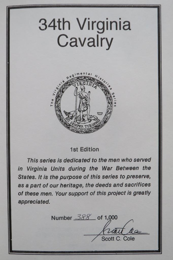 34th BATTALION VIRGINIA CAVALRY – SIGNED FIRST EDITION – ONLY 1000 PUBLISHED
