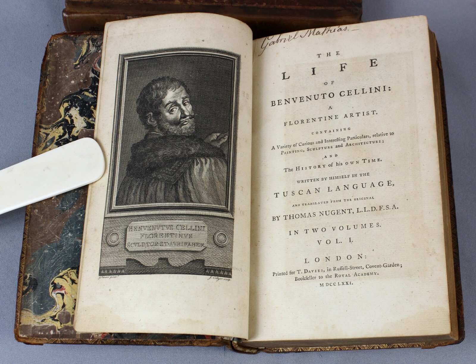 Huguenot artist provenance – curious dice bookplate – in 1771 – Life of CELLINI