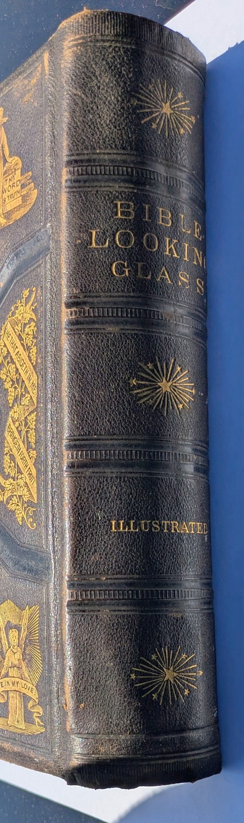 Antique 1875 Bible Looking Glass Illustrated Religious Emblems Leather