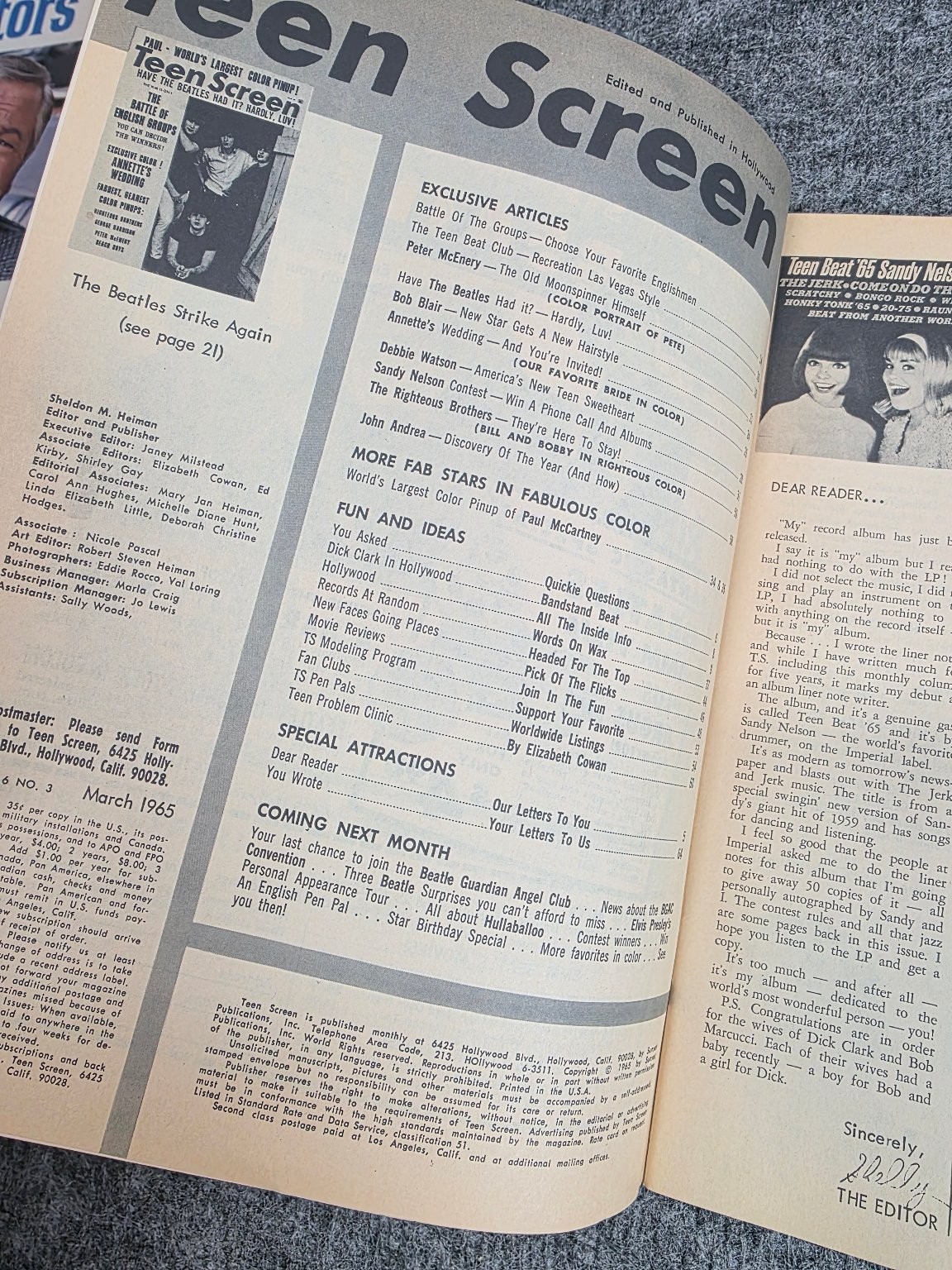 Teen Screen March 1965 Beatles Exclusive Color Pinup Illustrated
