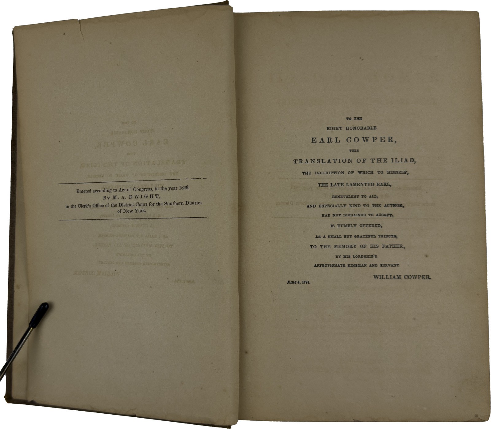 1860 The Iliad of Homer — Cowper Transl. (Appleton) Southey/Dwight Antique Cloth