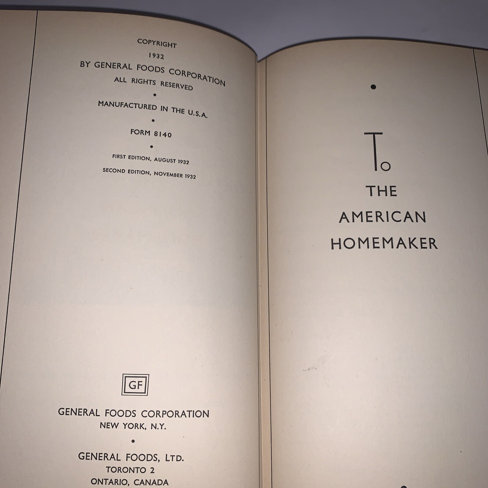 Vintage General Foods Cook Book Cookbook Second Edition 1932