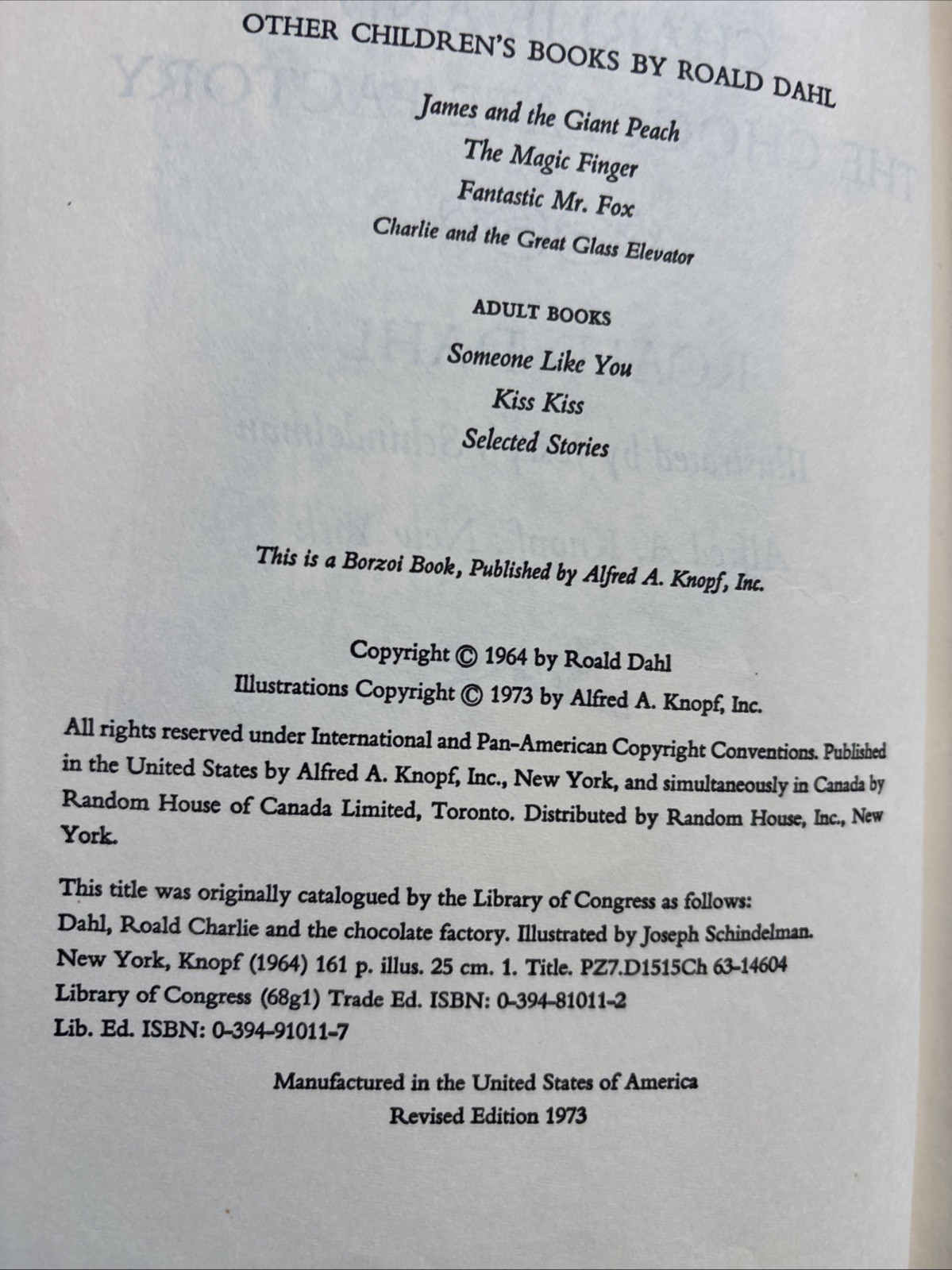 1973 Revised Edition Charlie and The Chocolate Factory by Roald Dahl HC