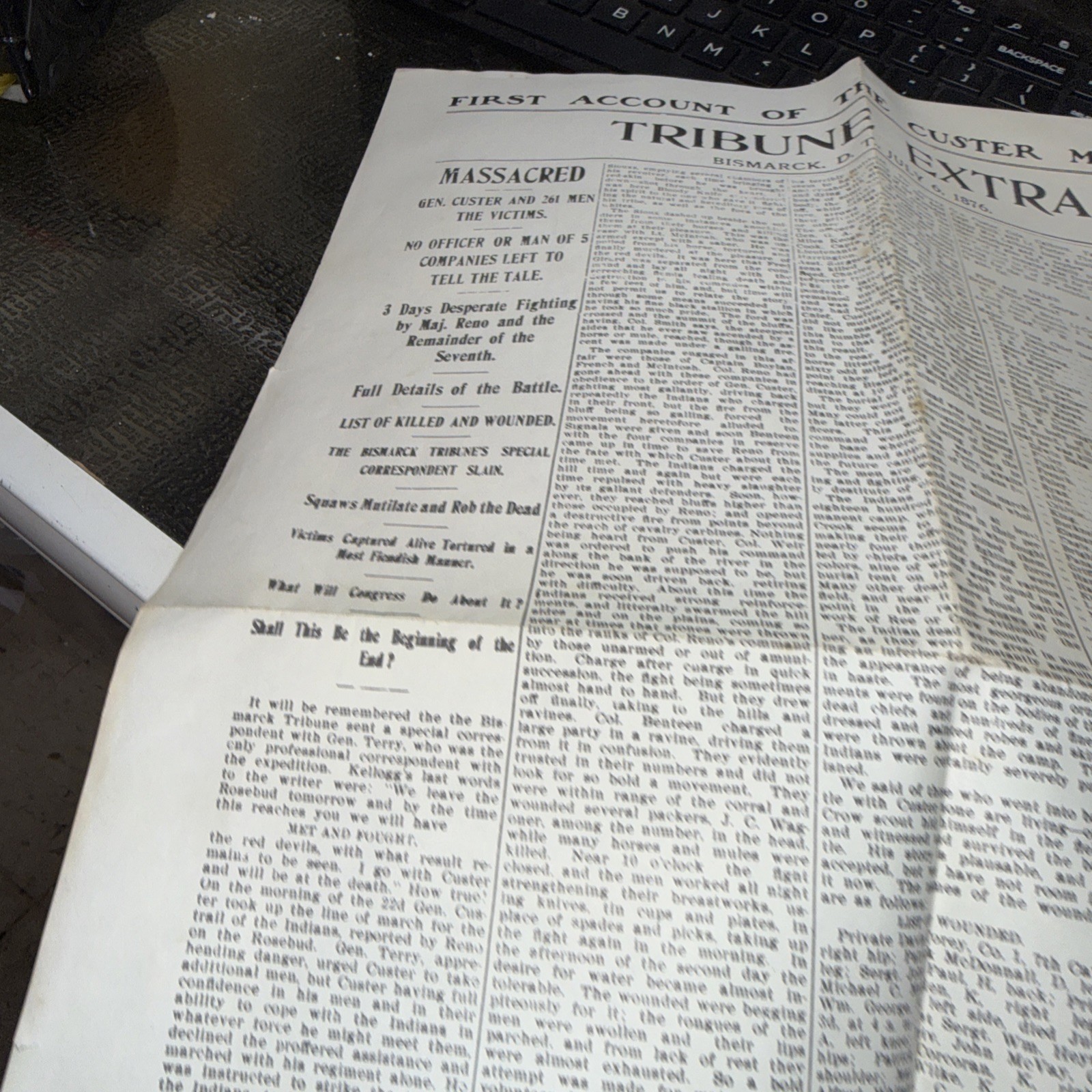 Reproduction Of The July 6 1876 Tribune Extra- First Account of Custer Massacre
