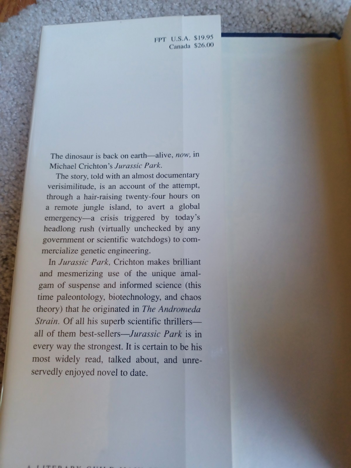 Jurassic Park first printing by Miachael Crichton in mint condition