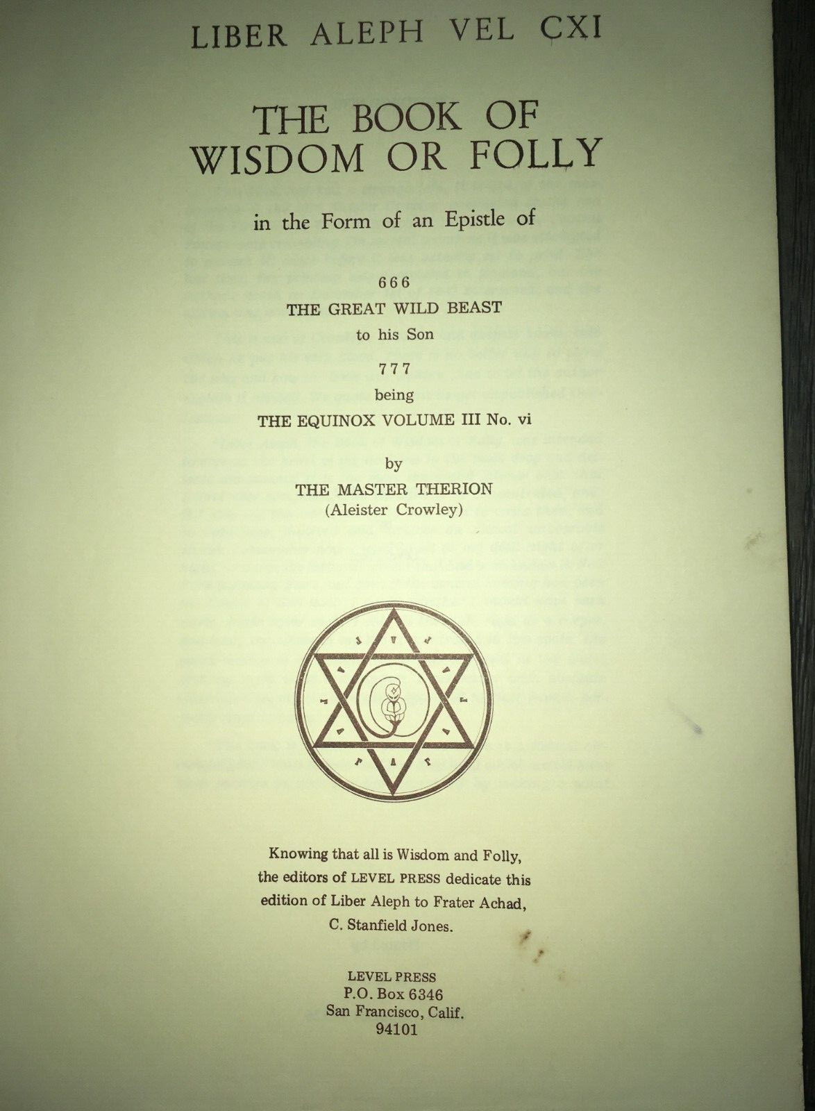 LIBER ALEPH WISDOM OR FOLLY ALEISTER CROWLEY LEVEL PRESS 1972 LARGE VERSION POOR