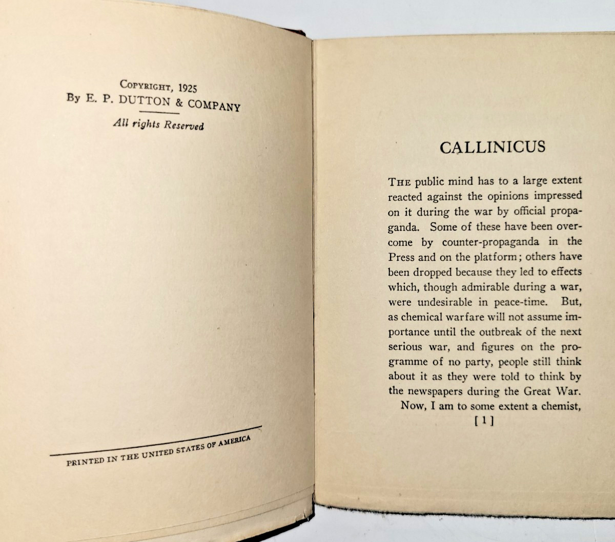 Callinicus Defence Chemical Warfare Haldane 1925 1st Ed Dutton DJ
