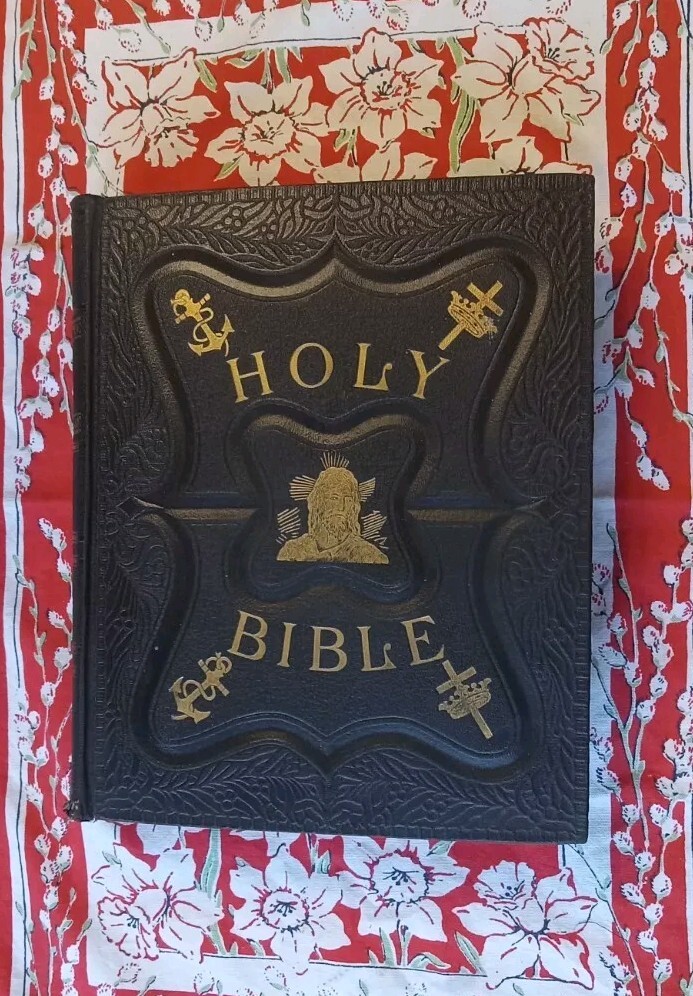 ATQ Huge Holy Bible Embossed Leather Family c.1880 Beautiful Victorian Illust