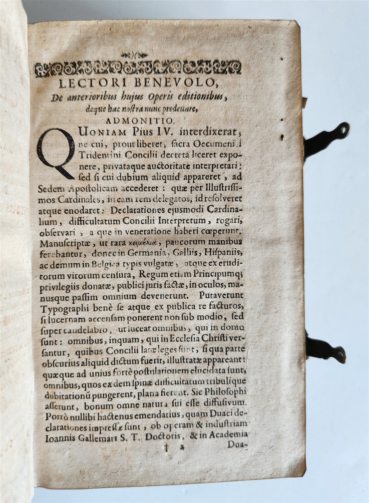 1664 COUNCIL OF TRENT antique decorative PIGSKIN over WOOD BINDING w/ CLASPS