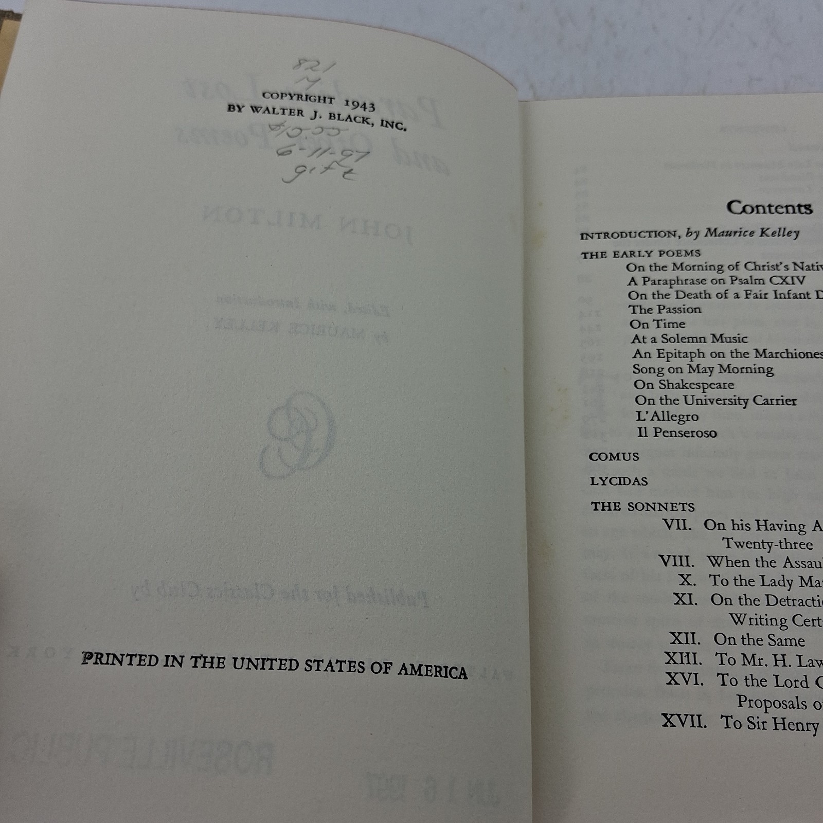 PARADISE LOST AND OTHER POEMS BY JOHN MILTON 1943 CLASSICS BOOK CLUB