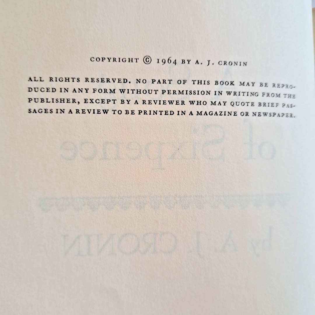 A Song Of Sixpence, AJ Cronin💥1964 HC DJ BCE Little Brown & Co 224 Pages