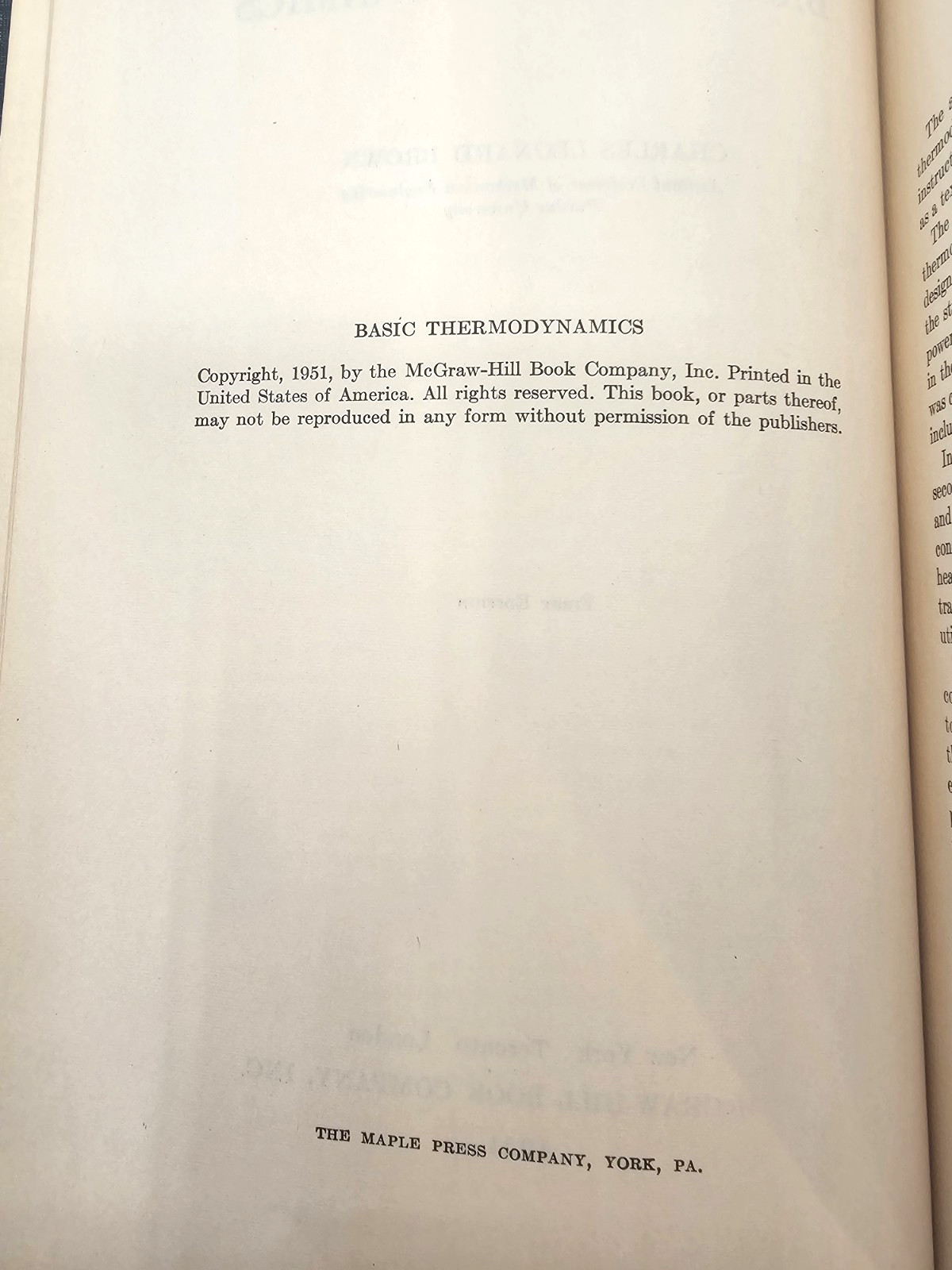 Basic Thermodynamics Charles Leonard Brown 1951 McGraw Hill 1st Ed Hardcover
