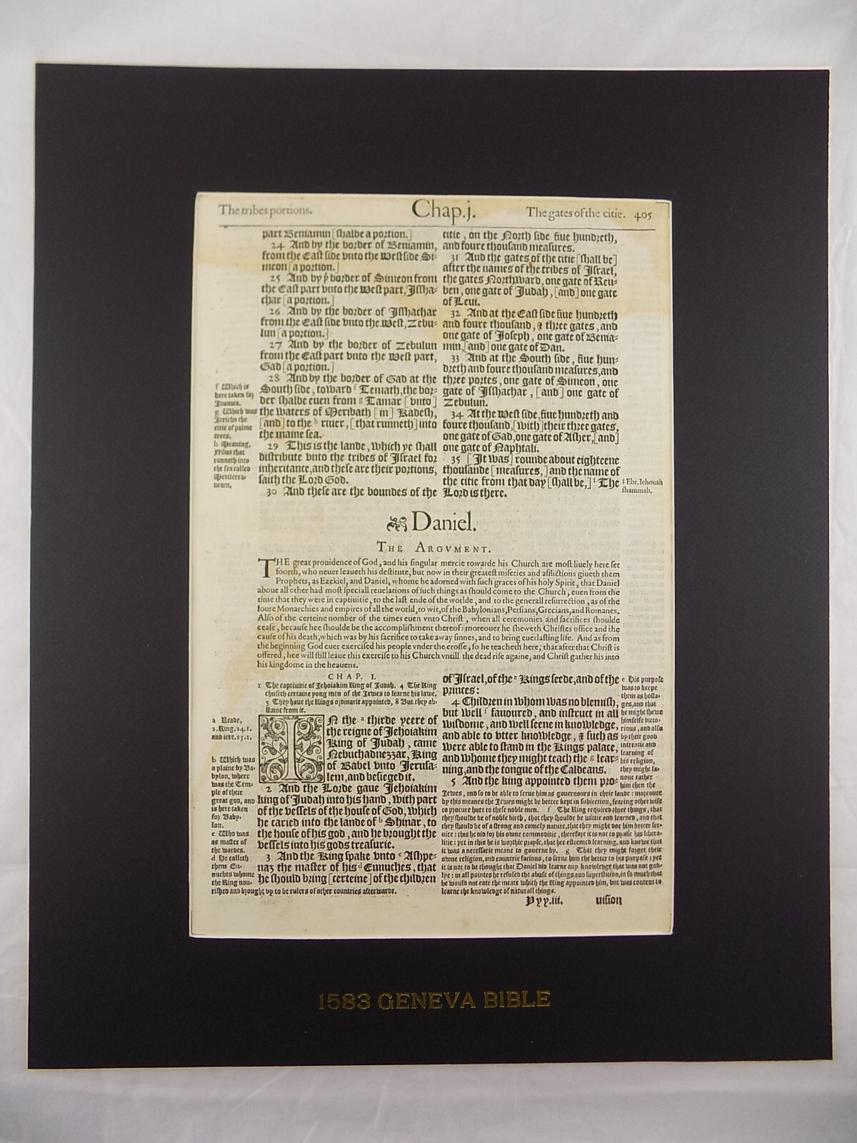 DANIEL TITLE PAGE , 1583 GENEVA BIBLE FRAMED LEAF PAGE VG NOT KJV