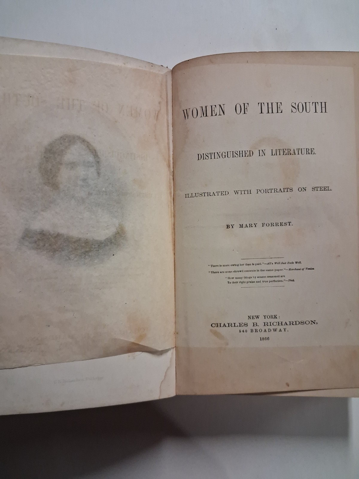 1866 WOMEN OF THE SOUTH Mary Forrest ANTEBELLUM Distinguished In Literature