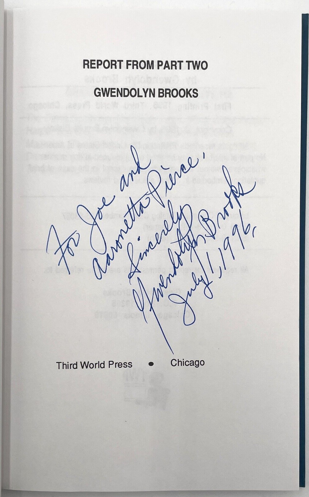 Gwendolyn Brooks / Report from Part Two Inscribed Signed 1st Edition