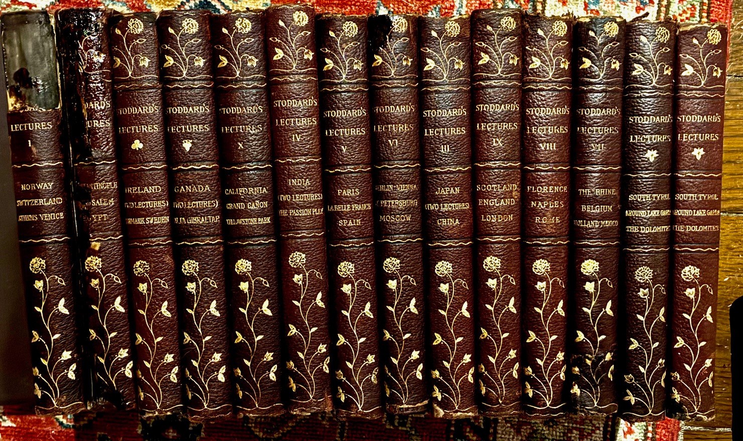 Stoddard’s Lectures, 14 vol, 1897 9×6.5″, leather bound, marbled boards