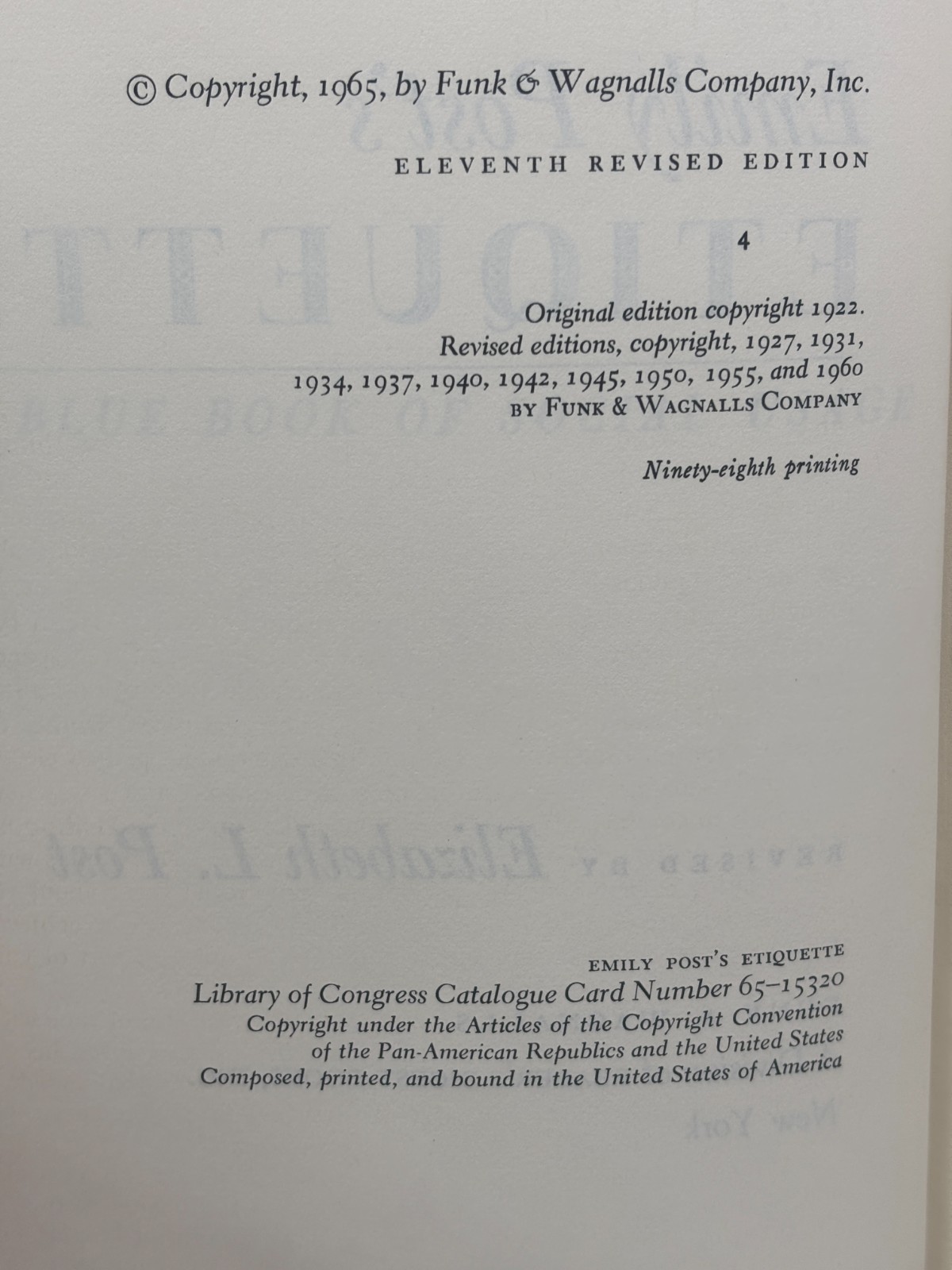 Emily Posts Etiquette The Blue Book of Social Usage 11th Revised Edition 1965
