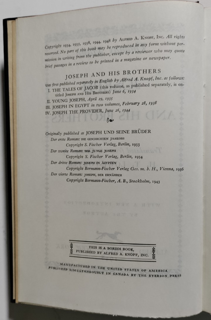 Thomas Mann – Joseph and His Brothers – Alfred A. Knopf, NY, 1948 – DJ