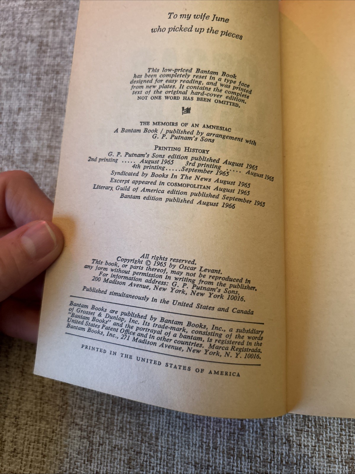 The Memoirs of an Amnesiac Paperback Autobiography Oscar Levant 1966 Bantam, VGC