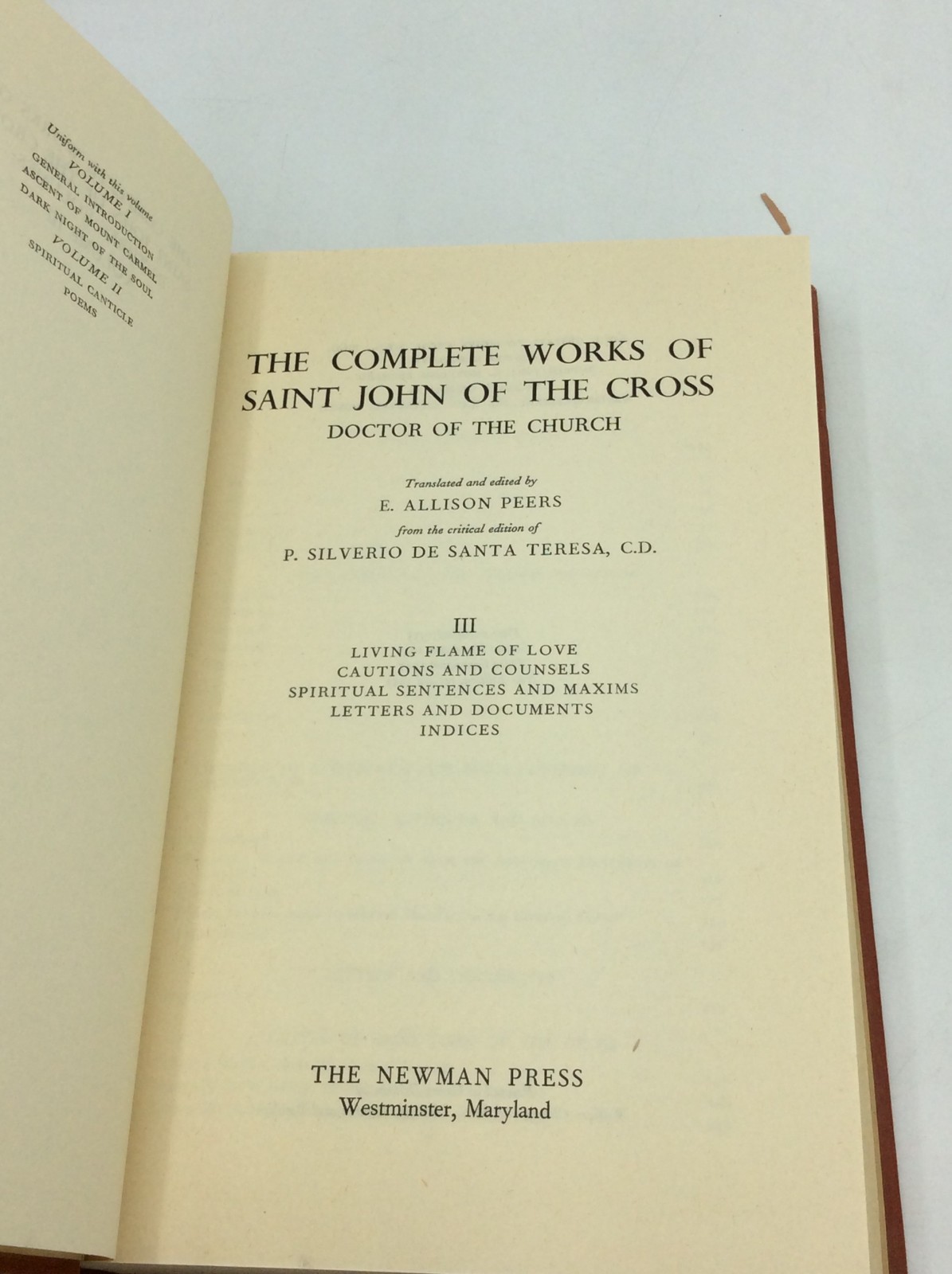 THE COMPLETE WORKS OF SAINT JOHN OF THE CROSS (3v) – 1957 – E. Allsion Peers