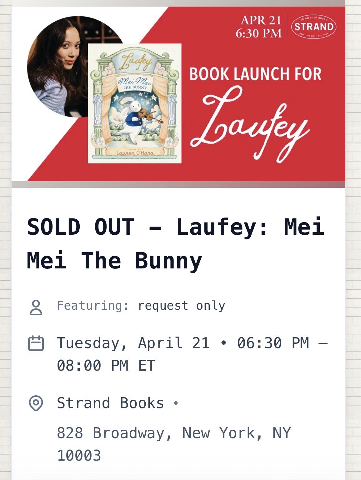 LAUFEY SIGNED MEI MEI THE BUNNY BOOK NYC STRAND BOOKSTORE 4/21/26 BEAUTIFUL