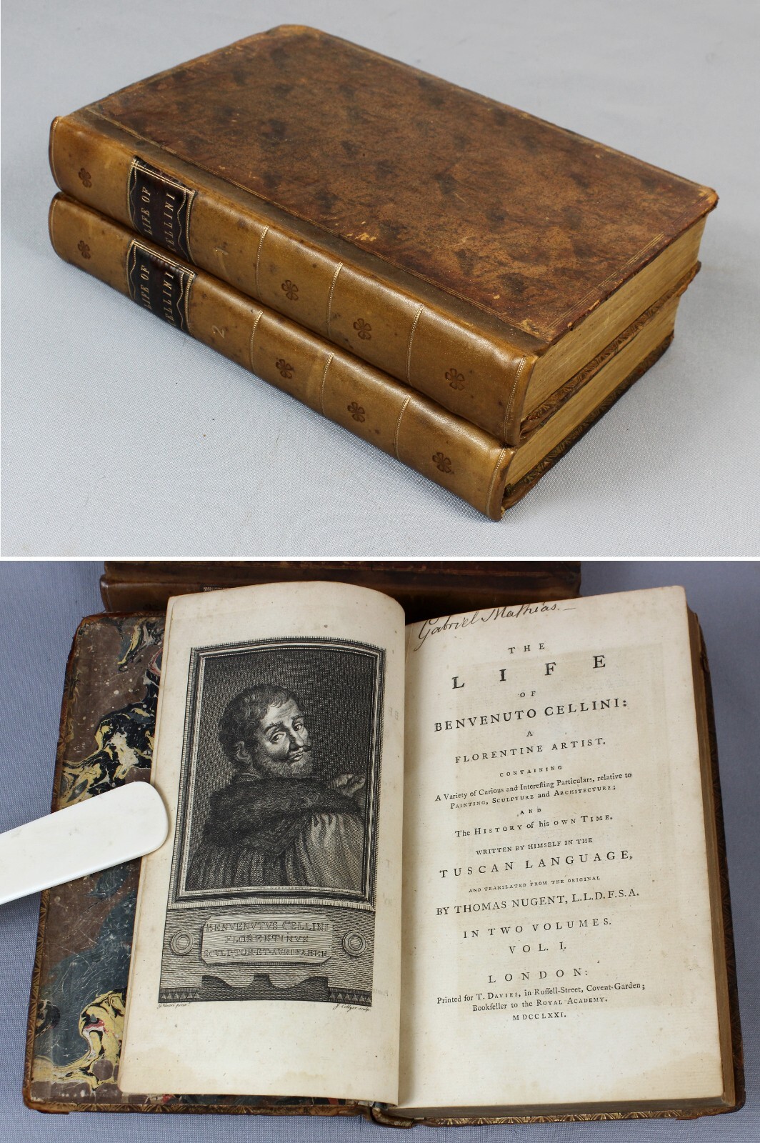 Huguenot artist provenance – curious dice bookplate – in 1771 – Life of CELLINI