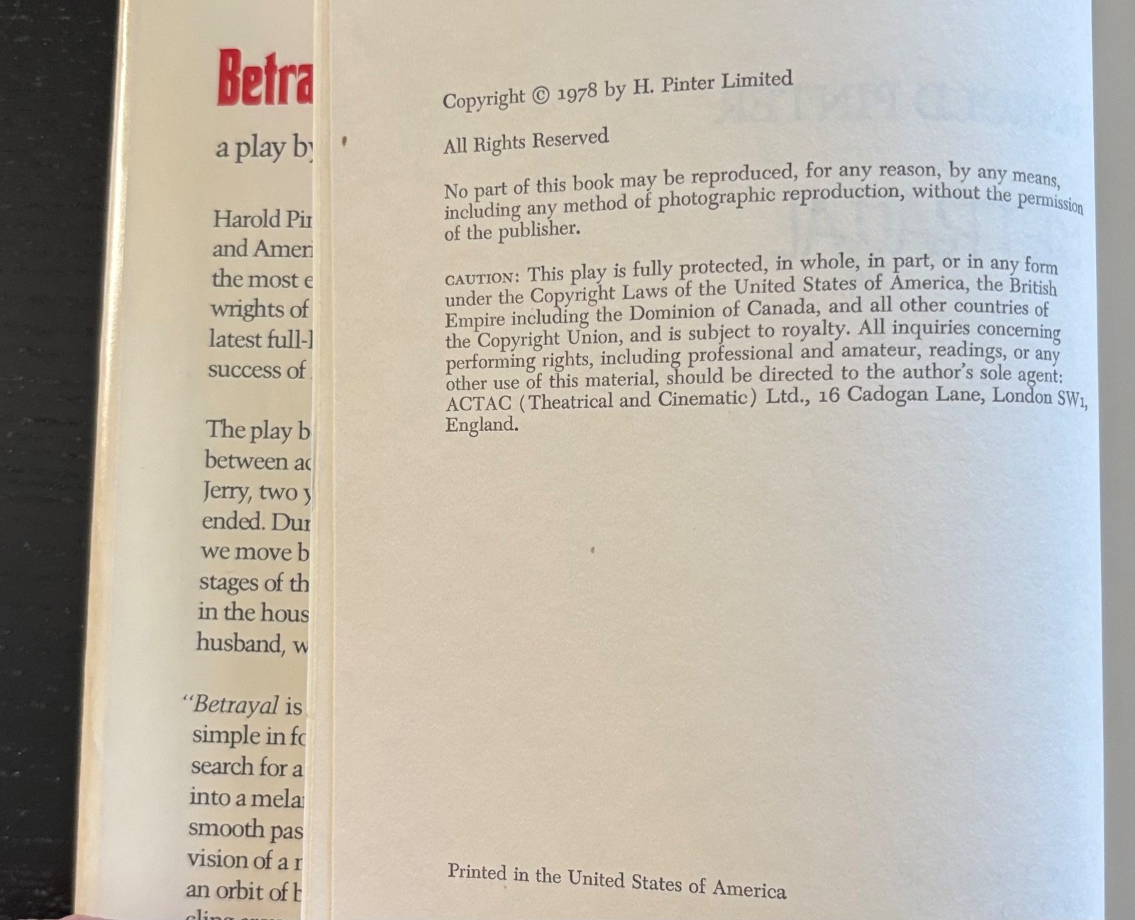 BETRAYAL – HAROLD PINTER – 1978 – GROVE PRESS – DJ – BCE.