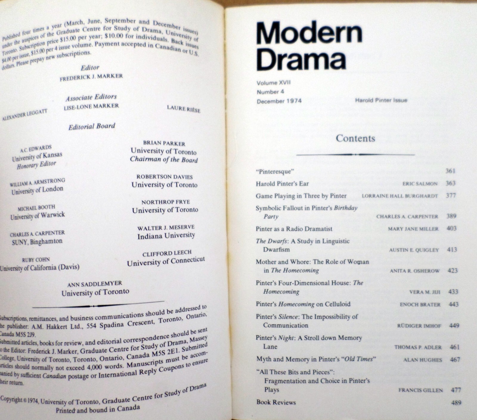 Modern Drama Volume XVII December 1974, Number 4, (Harold Pinter) Softcover