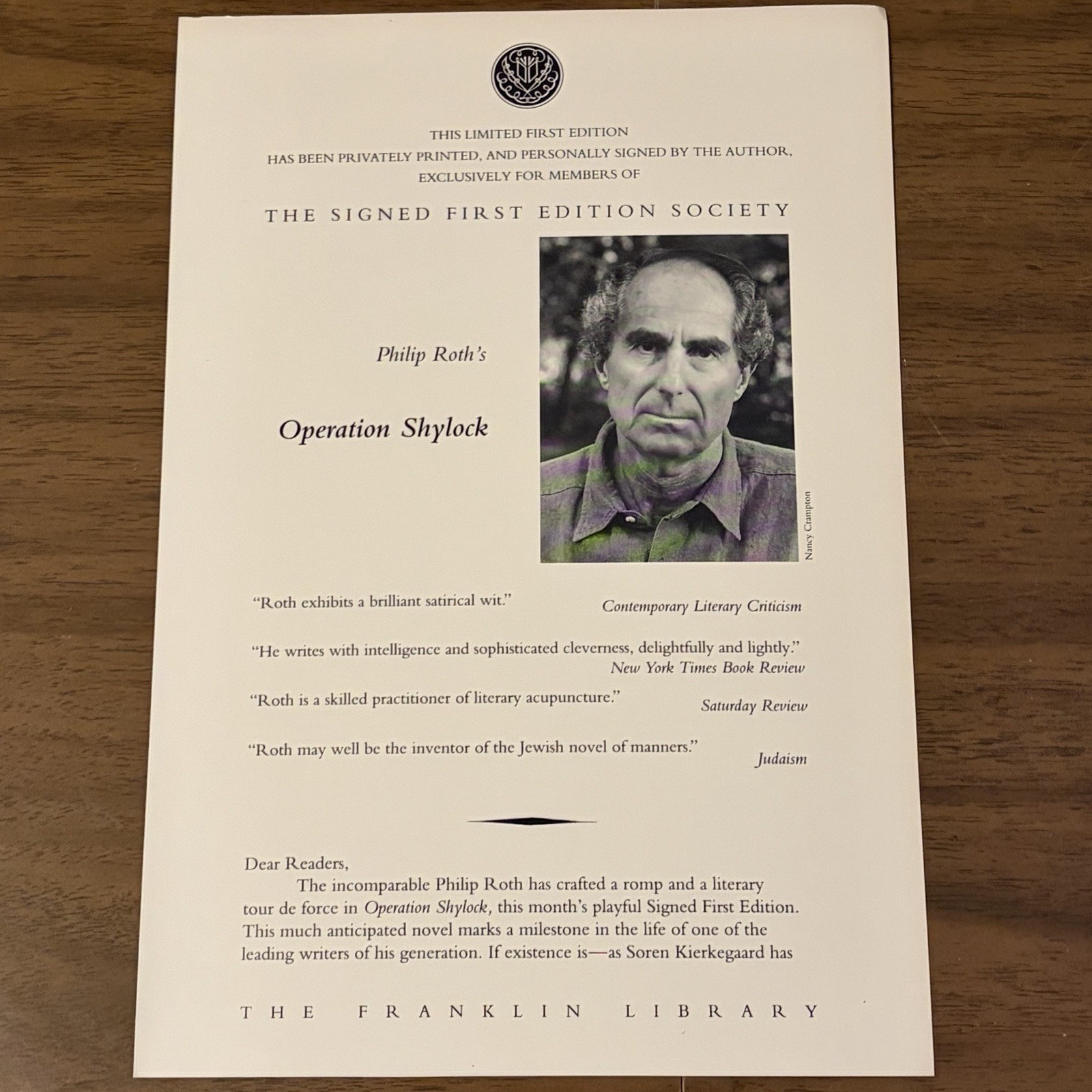 Philip Roth Operation Shylock Signed First Edition Franklin Library Leather Book