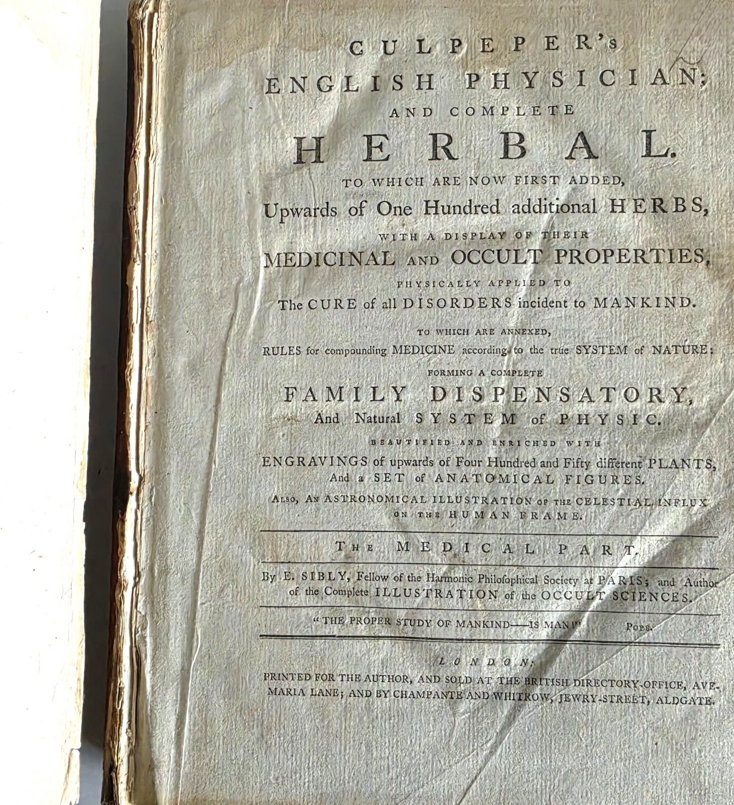 Culpeper English Physician Herbal Medical Part c1790s Sibly Occult Anatomy