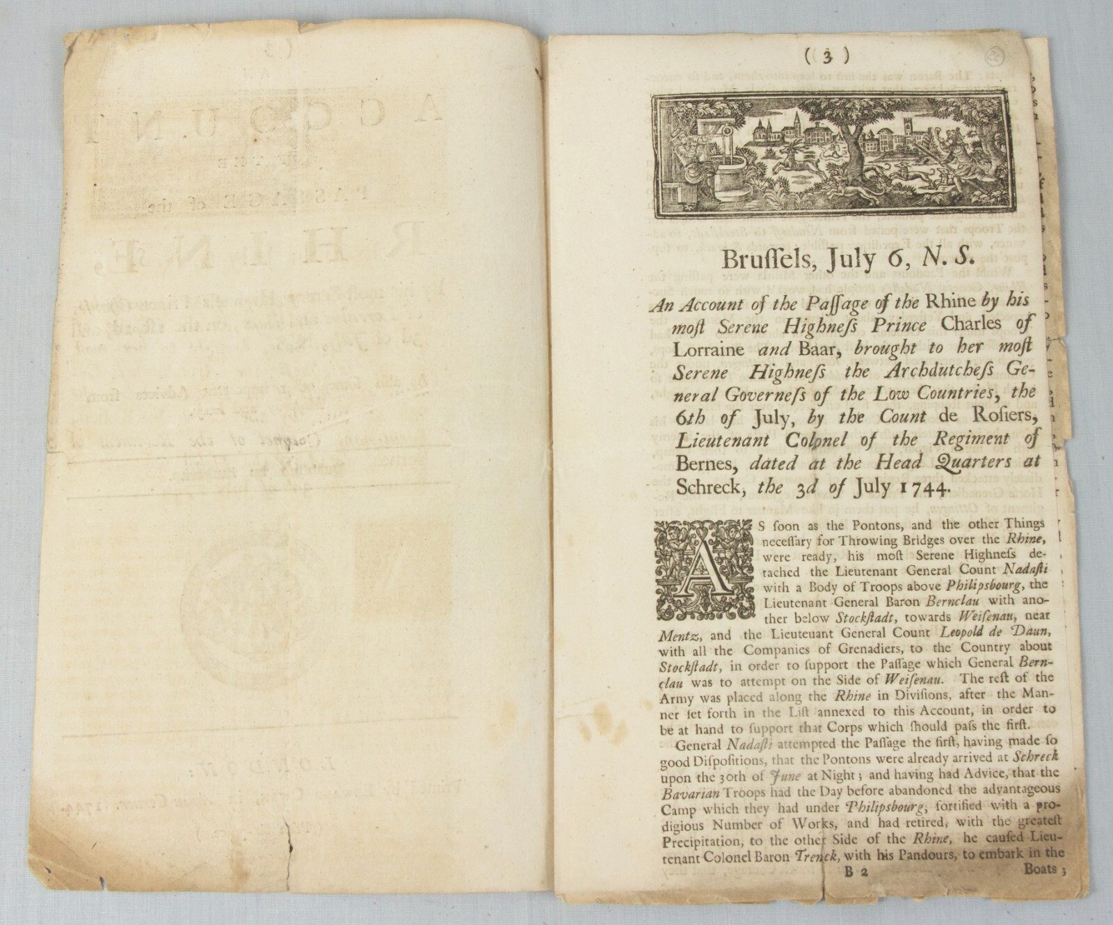 Austrian WAR of Succession – rare 1744 pamphlet – Passage RHINE Charles Lorraine