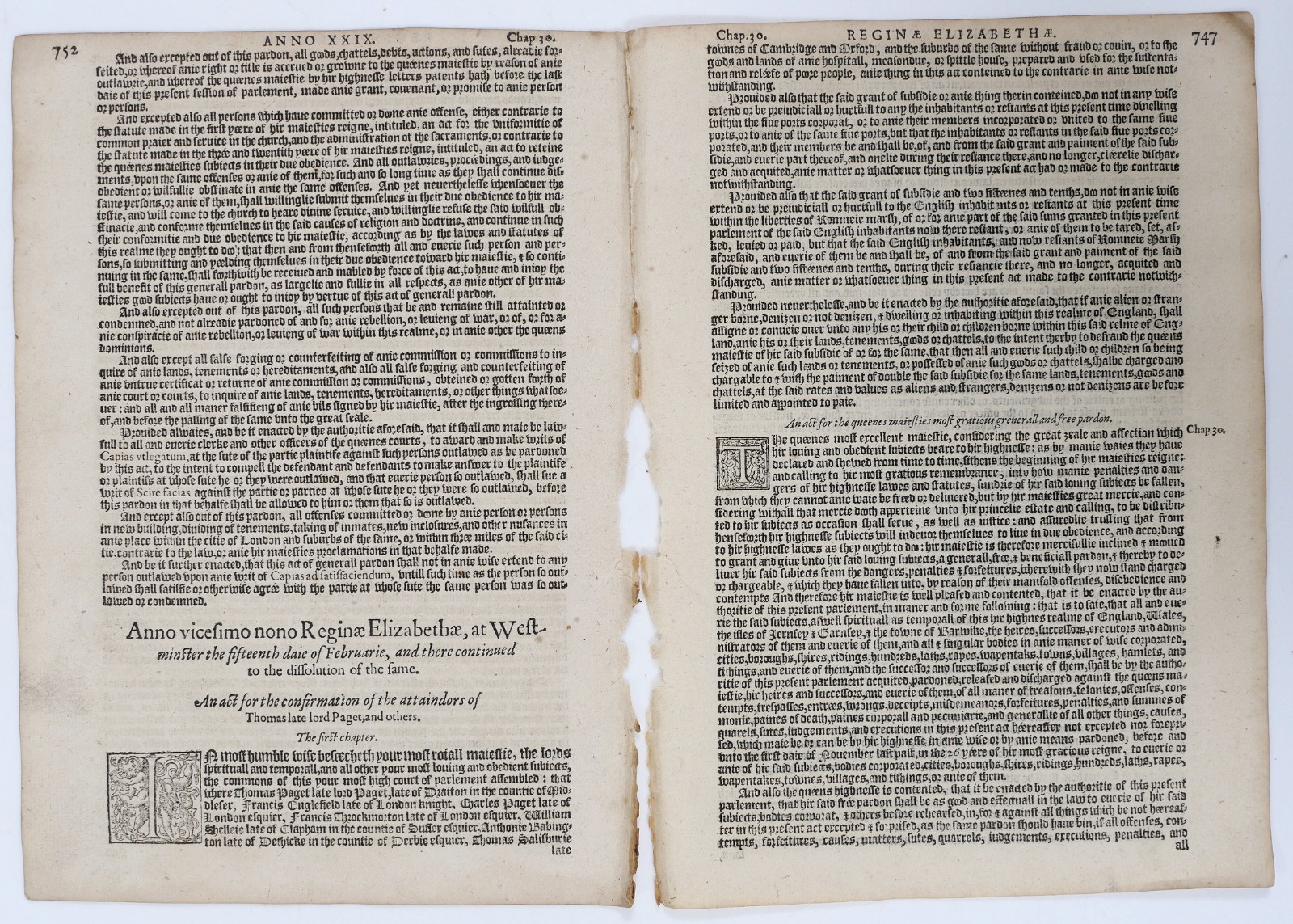 Elizabeth I General Pardon Act – 1587 Grafton Statutes Complete 6pp Set