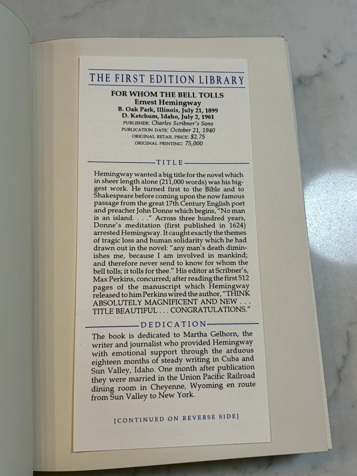 For Whom the Bell Tolls Hemingway – First Edition Library HARDCOVER w/ Slipcase
