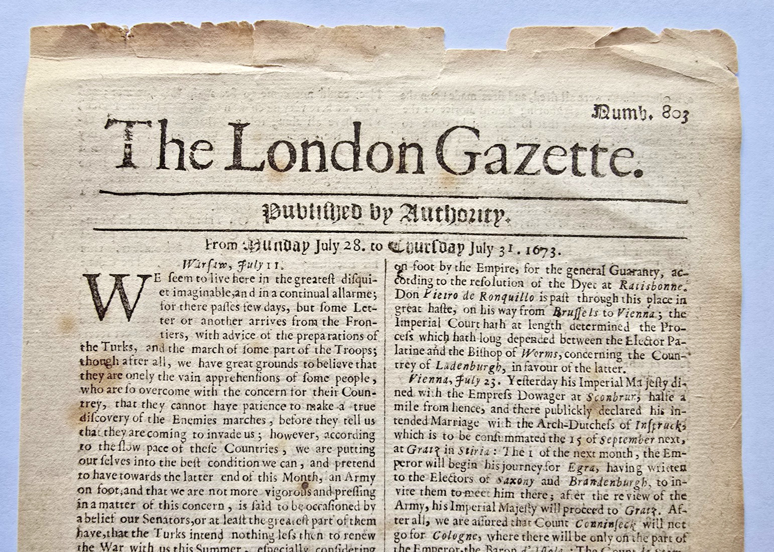 The London Gazette Issue #803 July 28-31, 1673! Over 350 Years Old!