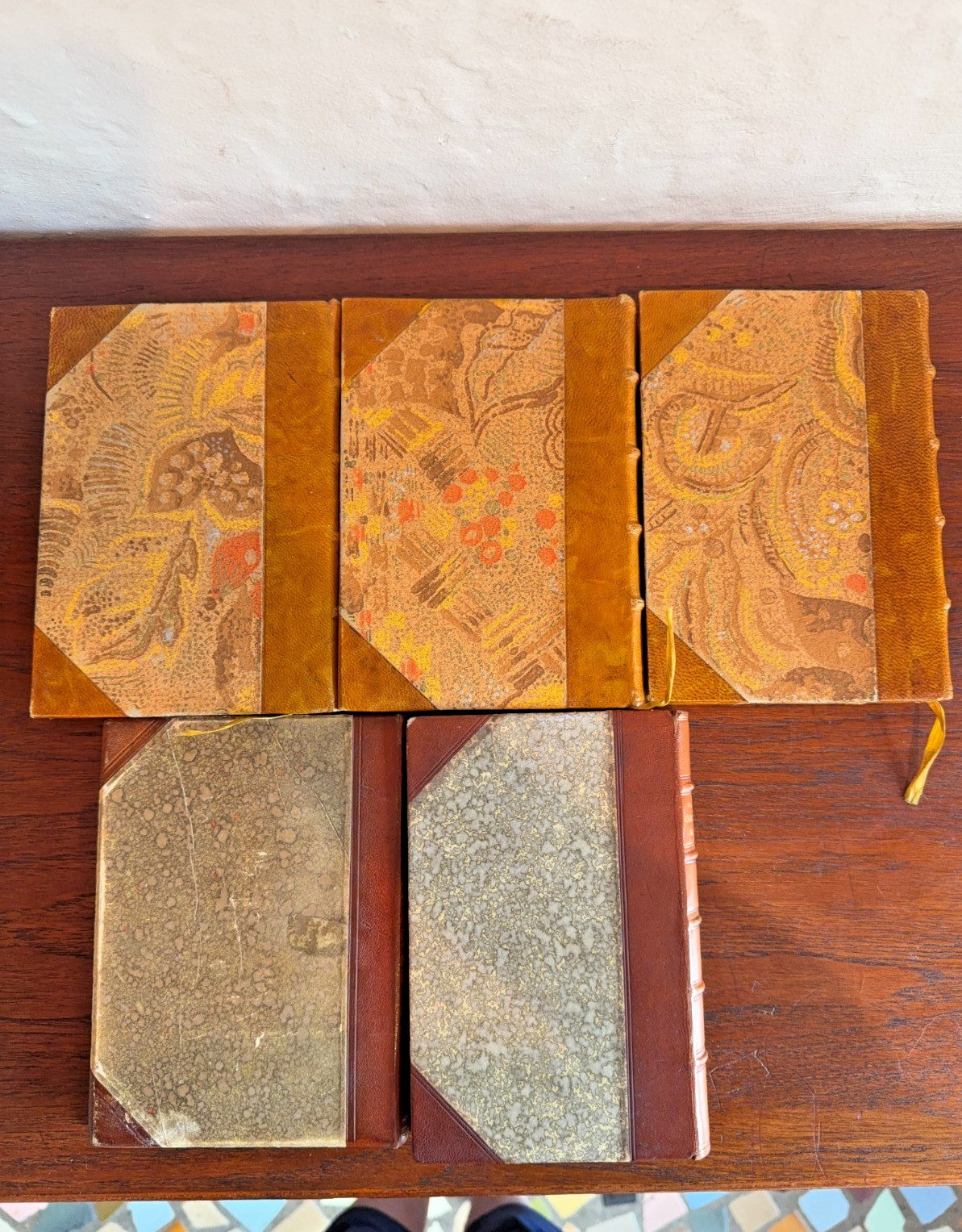 Lot of 5 Decorative Leather FINE BINDING books French and other languages