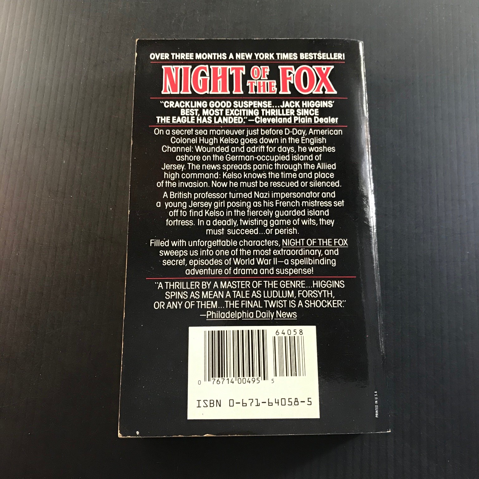 Night of the Fox Jack Higgins 1st Pocket Books 1987 WWII Thriller Spycraft