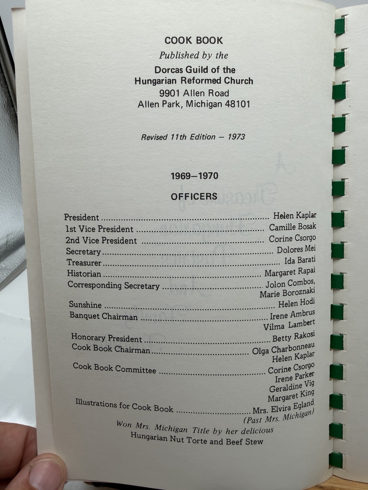 1973 Hungarian Reformed Church Dorcas Guild Cookbook Allen Park MI 11th Edition