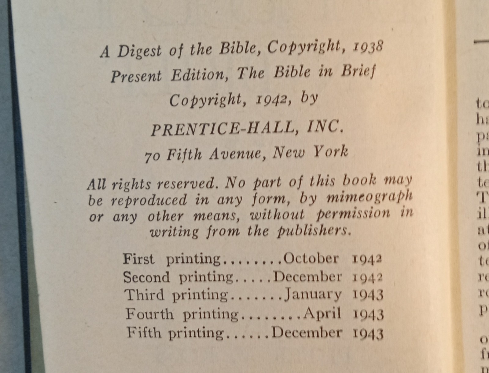 VGT The Bible In Brief. 1943. Inscribed. 425pgs. 5.25″x3.5″. Wear