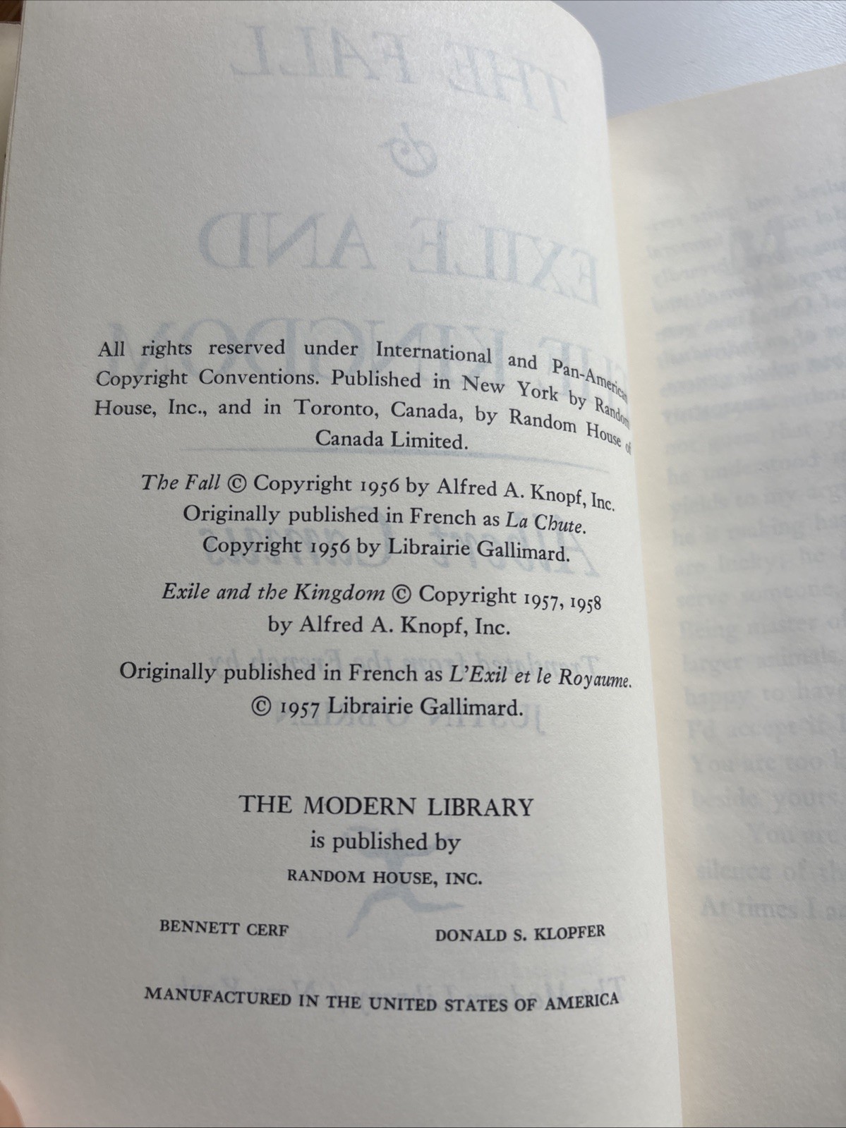 Albert Camus, The Fall & Exile and the Kingdom, vintage Modern Library (1960s)